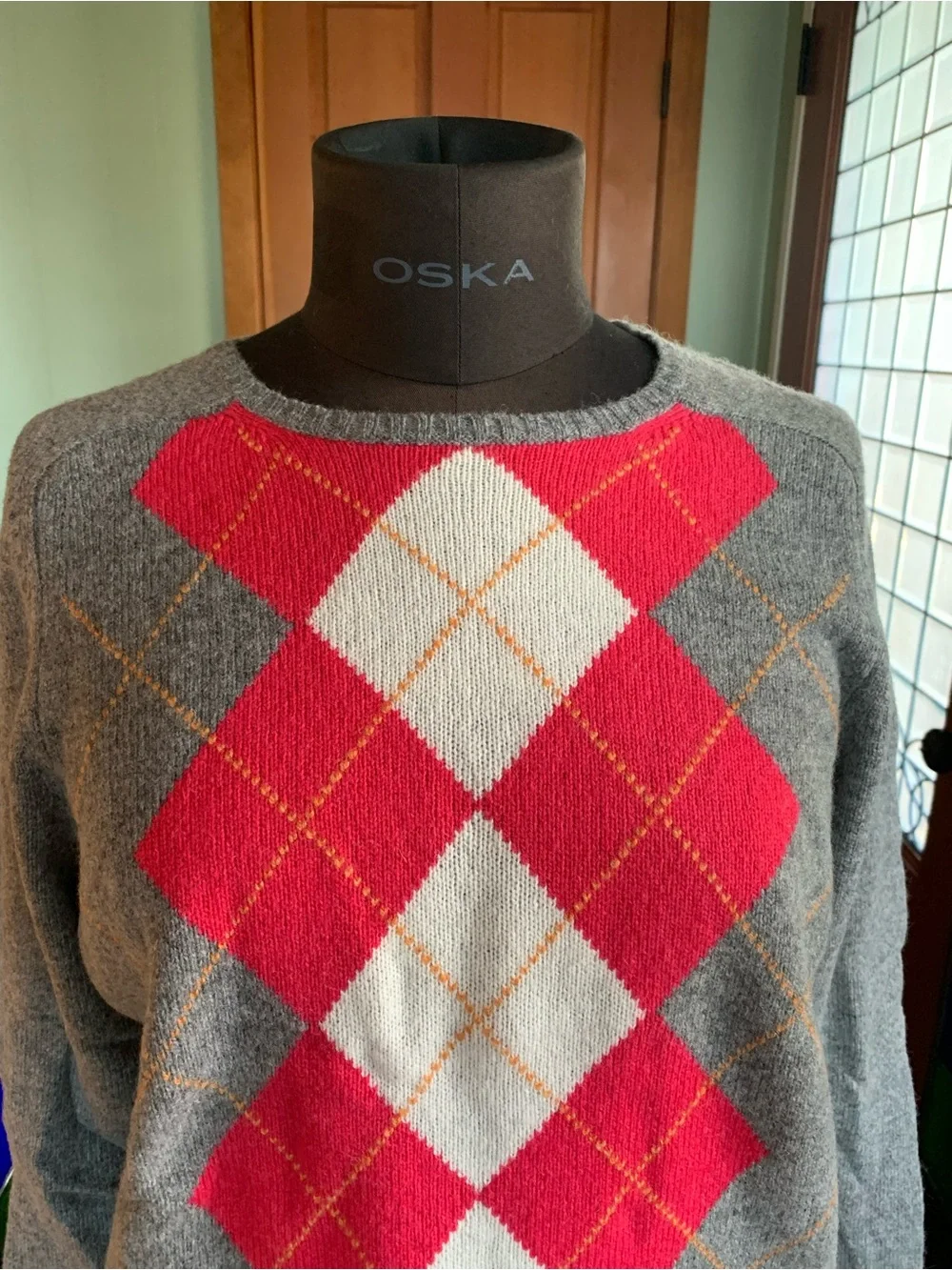 J CREW 100% LAMBS WOOL ARGYLE PULLOVER SWEATER NWT XL Women's Gray  Pink Diamond